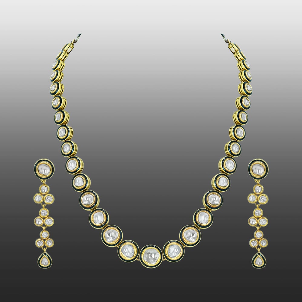 Black Enamel Polki Diamond Necklace Set for Timeless Elegance